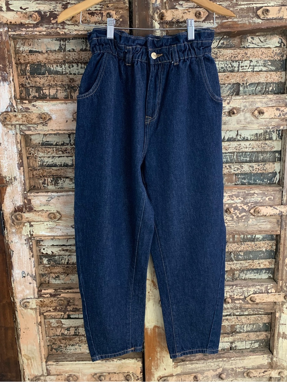 NWOT Zara Paperbag Waist Dark Wash Denim Barrel Mom Jeans Pants High Waisted, 6